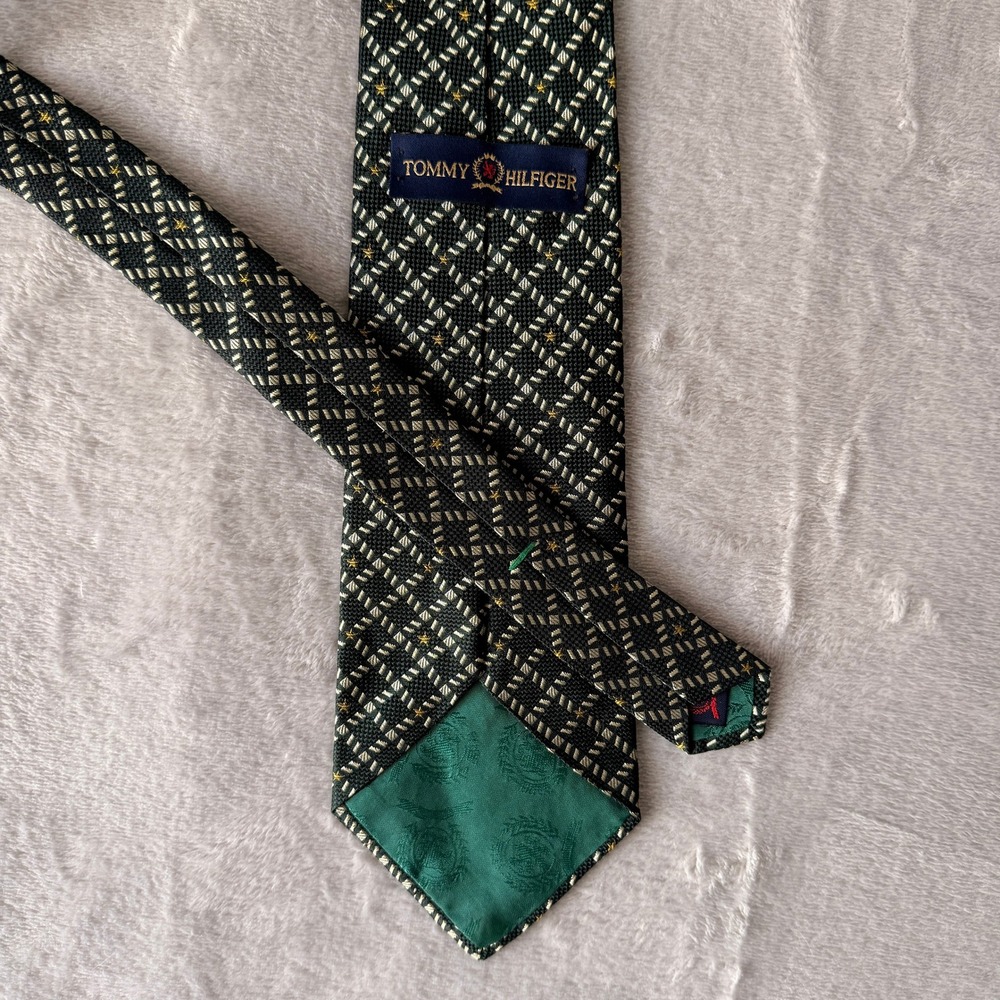 Vintage Tommy Hilfiger Mens 100%Silk Green Geometric Luxury Neck Tie Made in USA